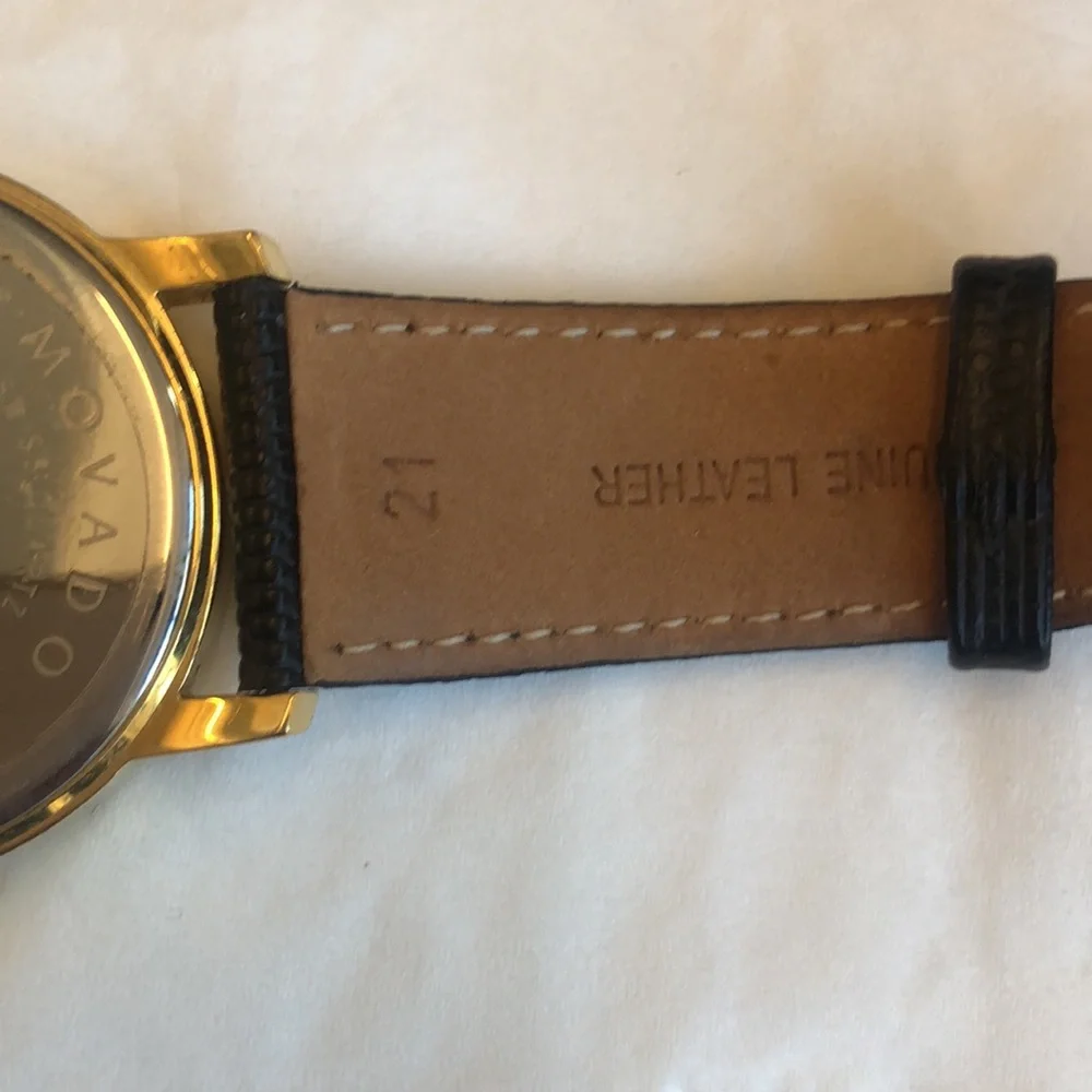Movado Leather Watch - Grained Black Leather with Gold